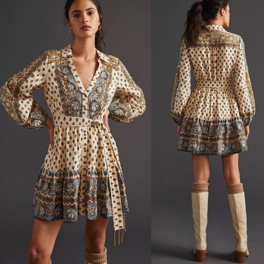 Anthropologie Floral Mini Dress Beaded Embroiderd Sz XS